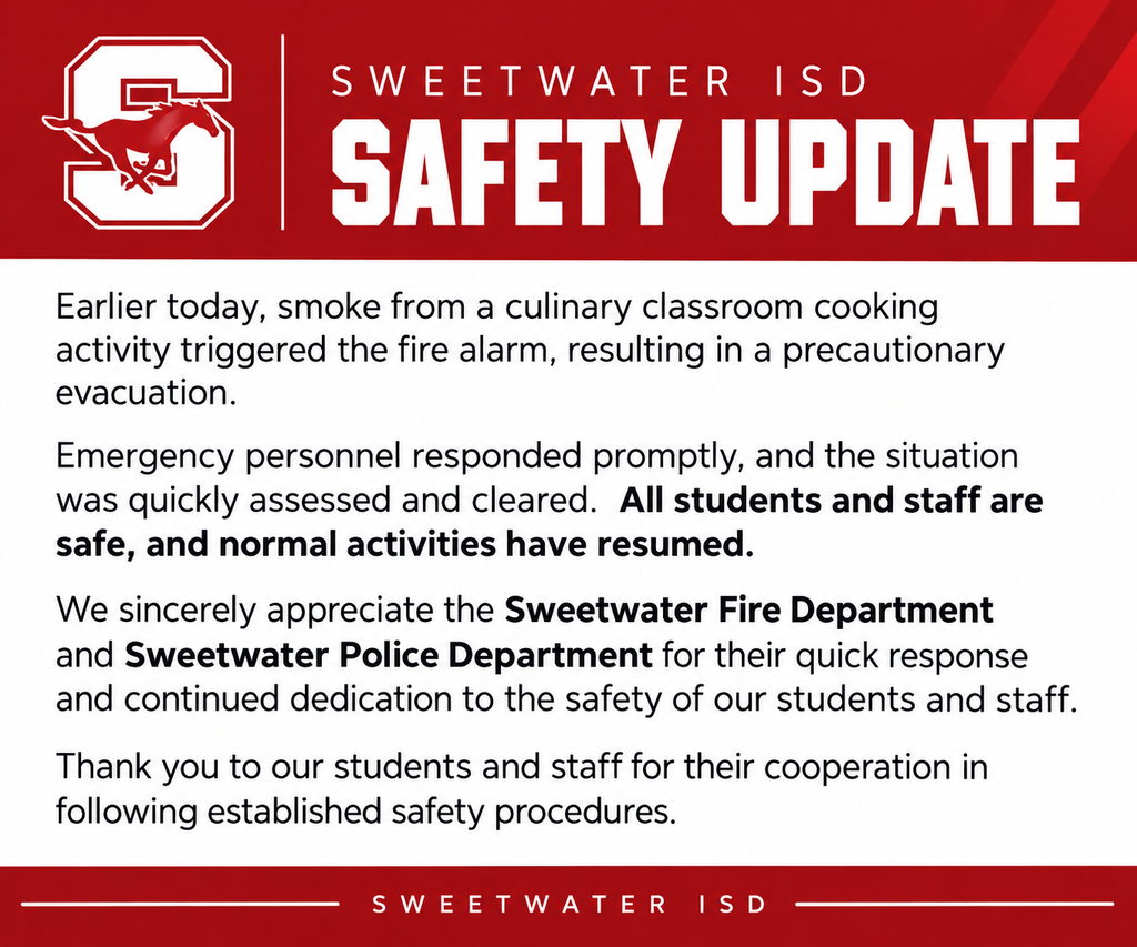 A red and white graphic with text reading "Safety Update" and a school logo, text discussing a fire alarm caused by smoke from a cooking class.