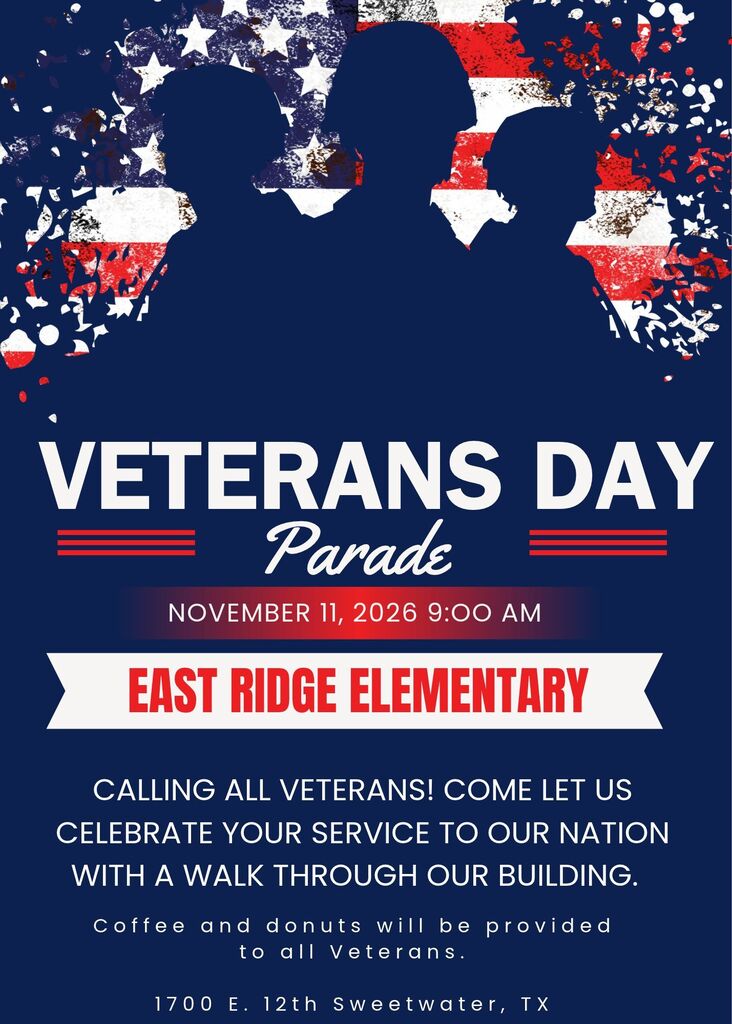Blue poster with a silhouette of people, an American flag, and text that reads "Veterans Day Parade" and "November 11, 2026 9:00 AM".