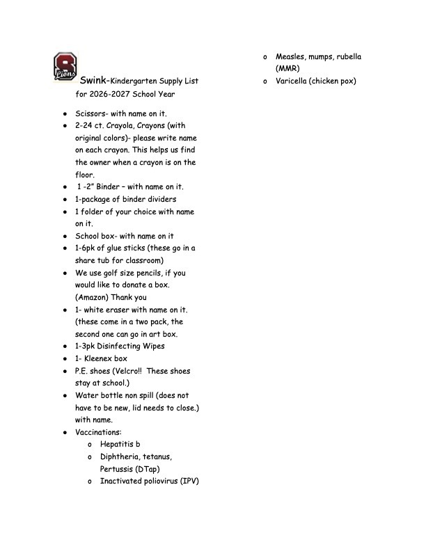 Kindergarten Supply List