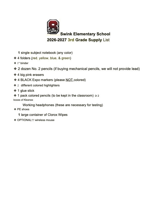 3rd Grade Supply List