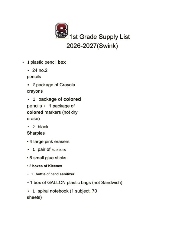 1st Grade Supply List