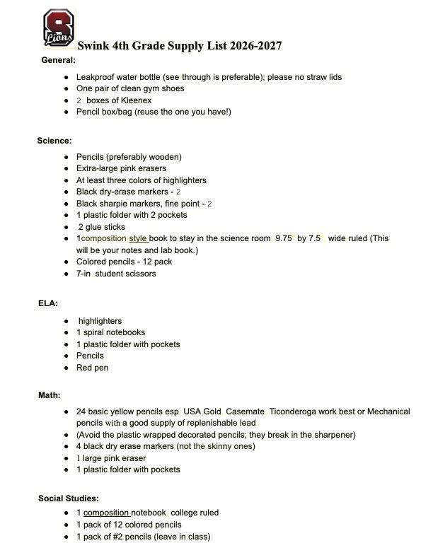 4th Grade Supply List