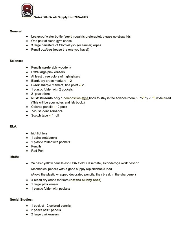 5th Grade Supply List