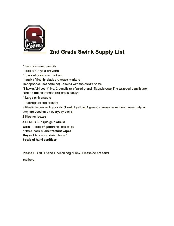 2nd Grade Supply List