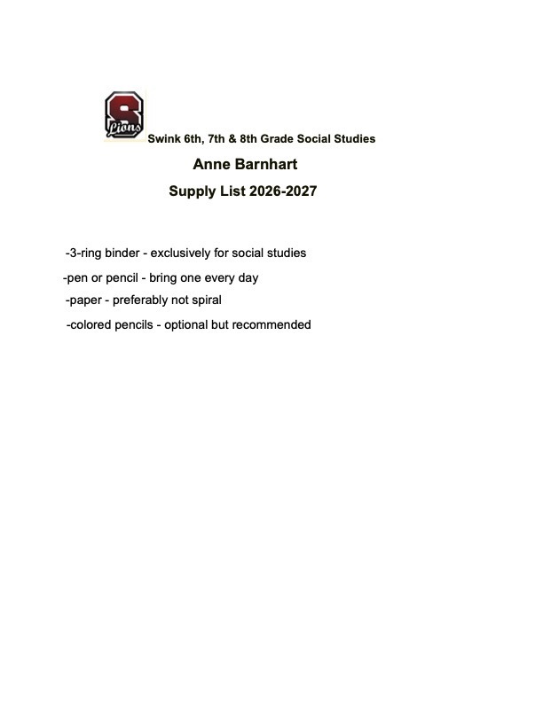 Barnhart Supply List
