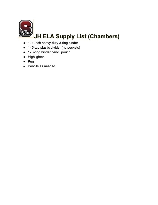 Chambers Supply List