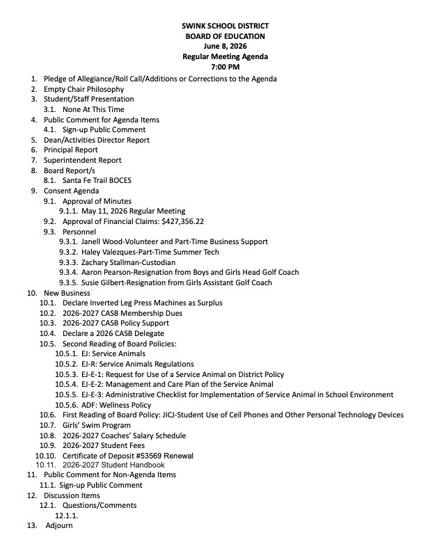 June 8. Agenda