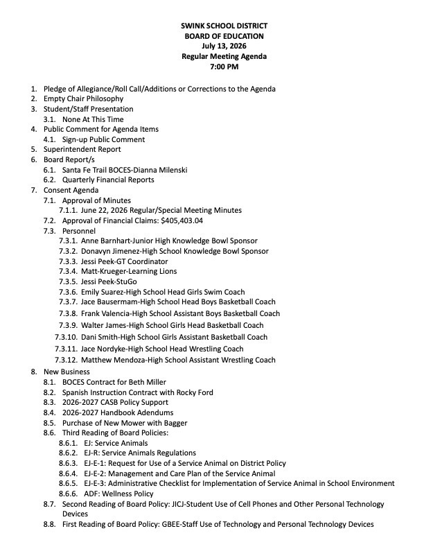July Board Agenda