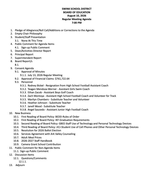 August 10 board  meeting agenda