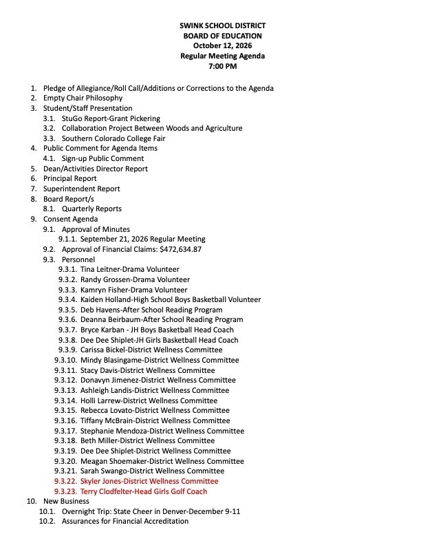 Agenda for October 12