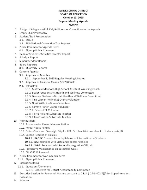 October 13 School Board Meeting