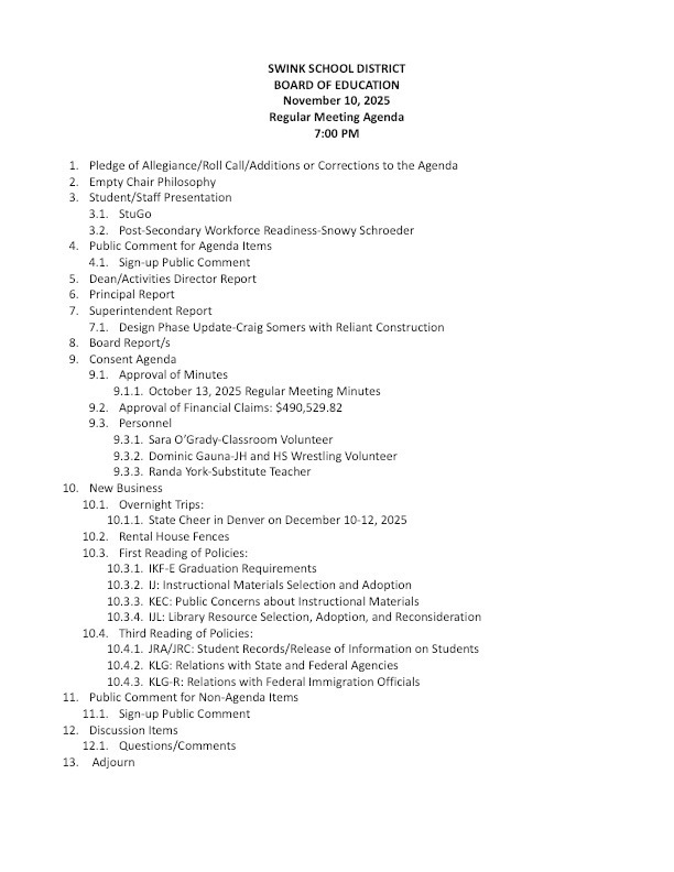 November 10 Board Meeting Agenda