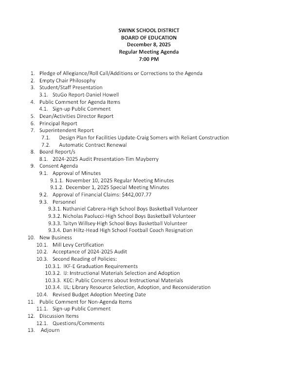 December 8 Board Meeting