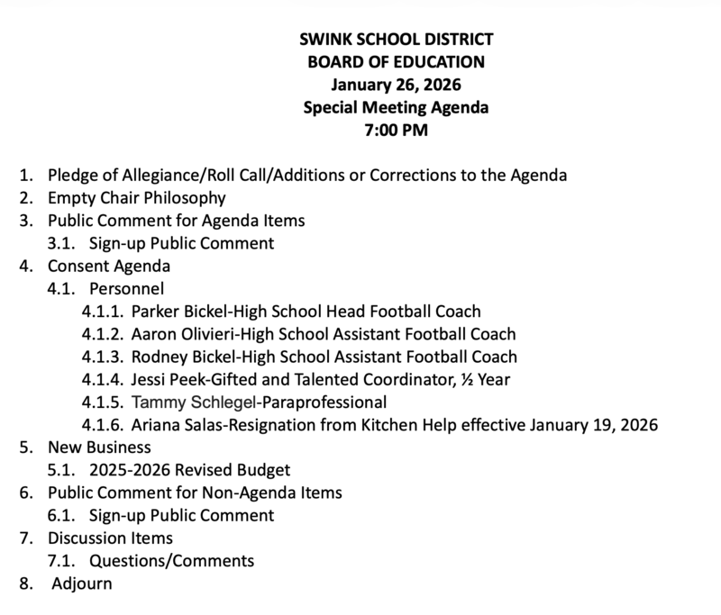 Jan 26 Board Meeting Agenda