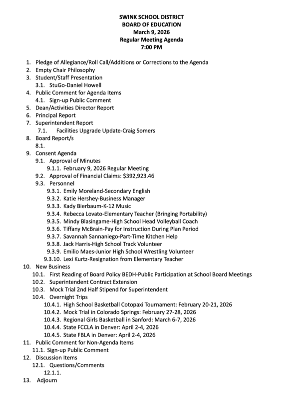 March 9 Board Meeting Agenda