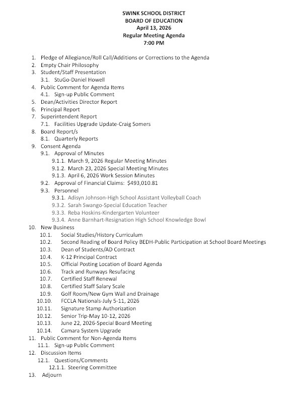 April 13 Board Meeting