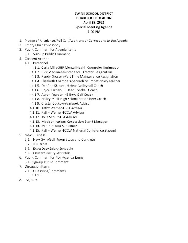 April 29 Agenda