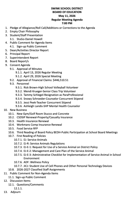 May 11, 2026 Board Meeting Agenda