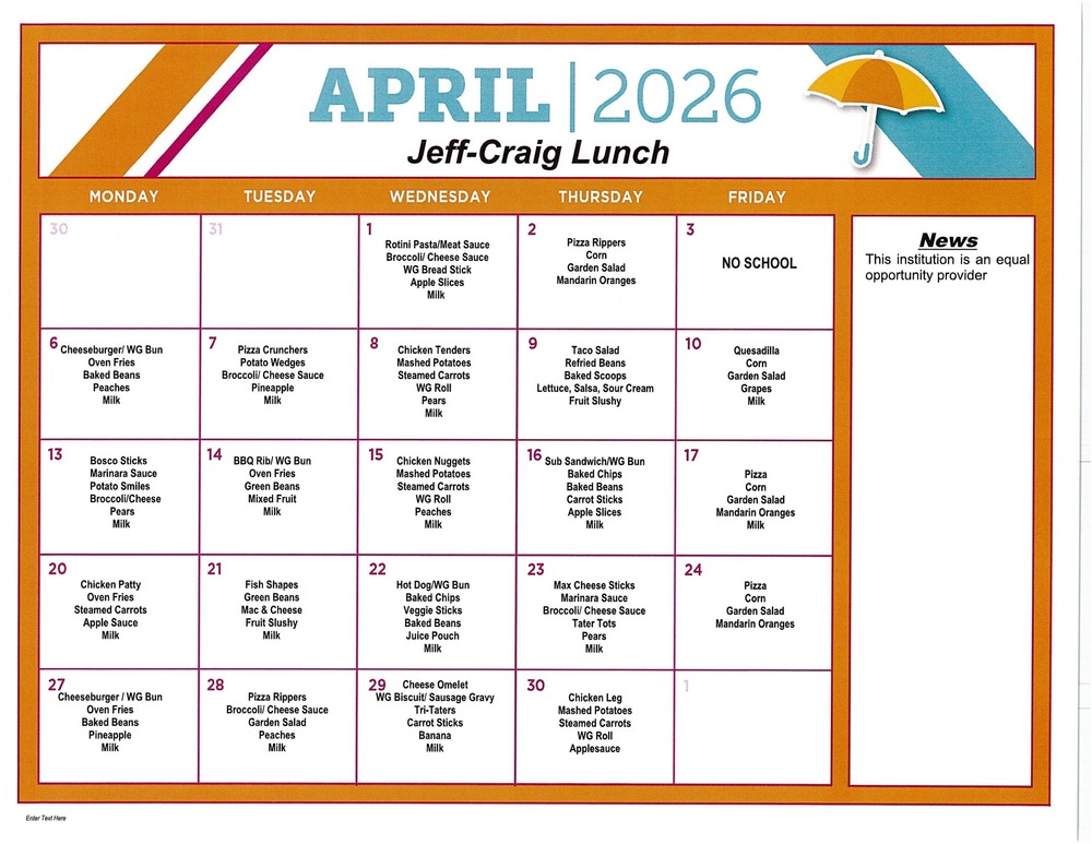 April 2026 Breakfast & Lunch Menu