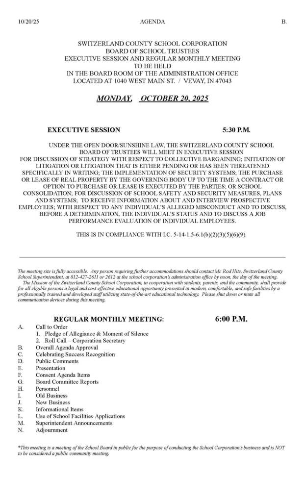 Board Meeting is scheduled for MONDAY, OCTOBER 20TH Agenda