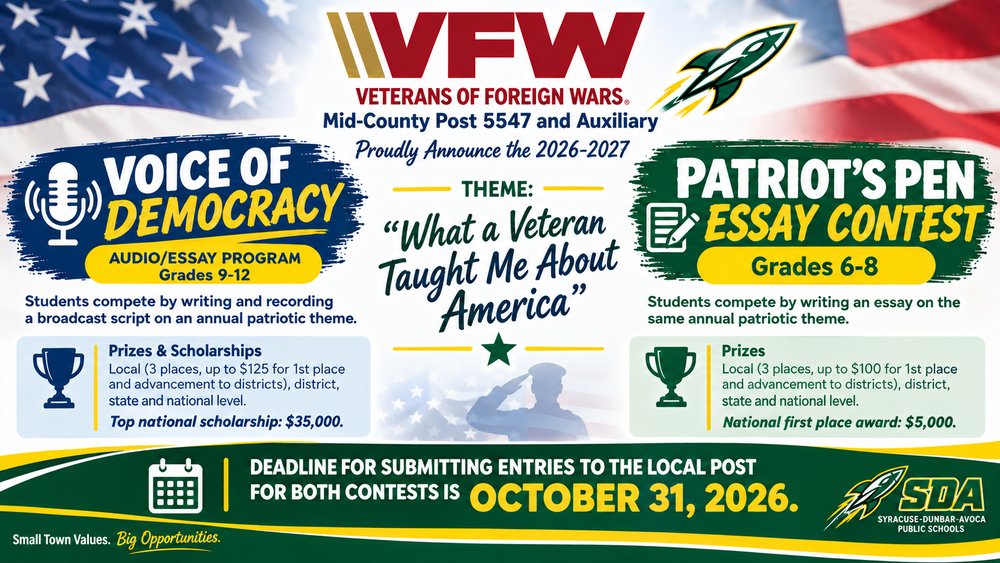 VFW Mid-County Post 5547 and Auxiliary announce the 2026–2027 Voice of Democracy and Patriot’s Pen contests for students in grades 6–12, with the theme “What a Veteran Taught Me About America” and entries due October 31, 2026.