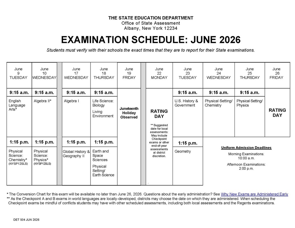 June 2026 Regents Exam Schedule