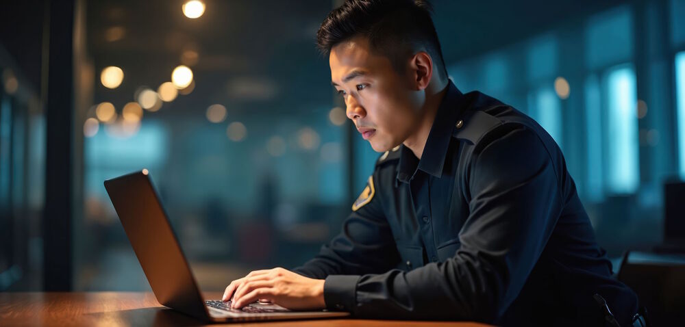 Student in a moodily lit room looking intensly at a laptop. He is wearing a uniform.