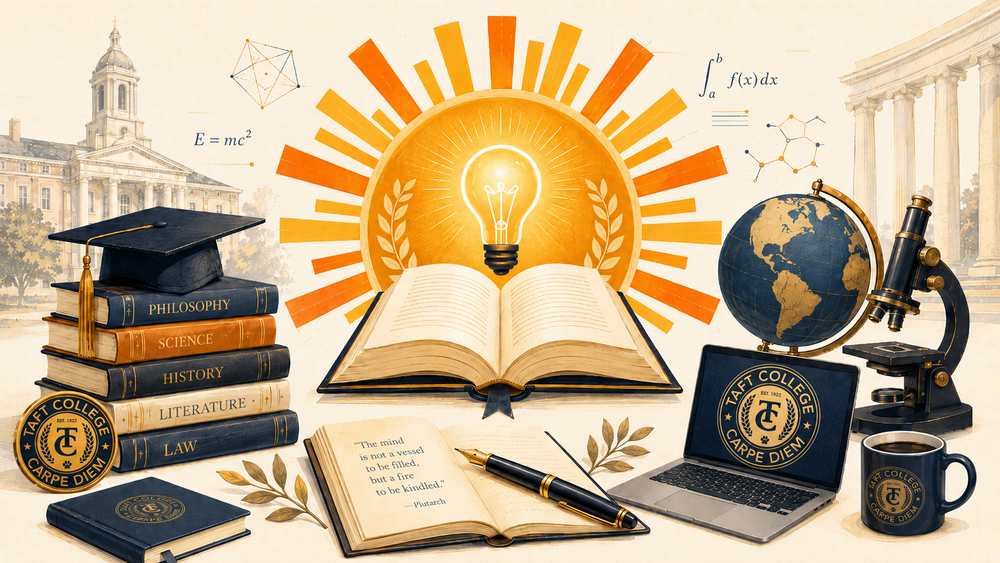 Image of a sun and light bulb indicating learning new ideas. Several books lay in a stack on the left. A laptop, a microscope a globe and a cup of coffee lay to the right. A notebook and a pen in the center indicating the readiness to learn. 