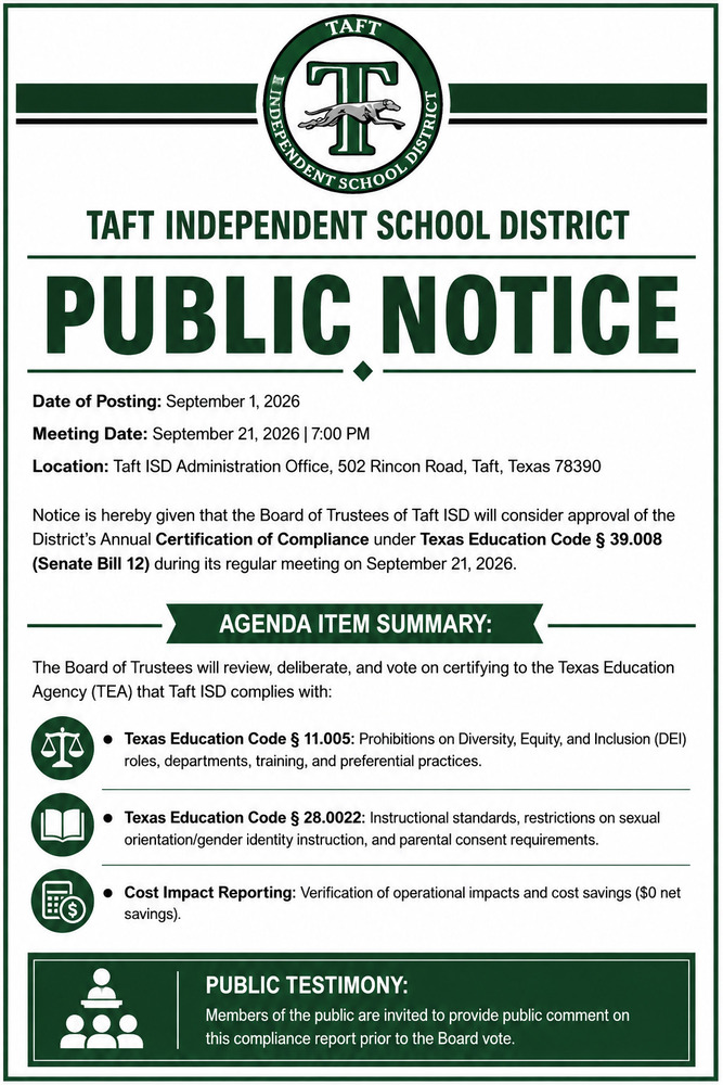 Public Notice of Intent to Consider Senate Bill 12 Compliance Certification