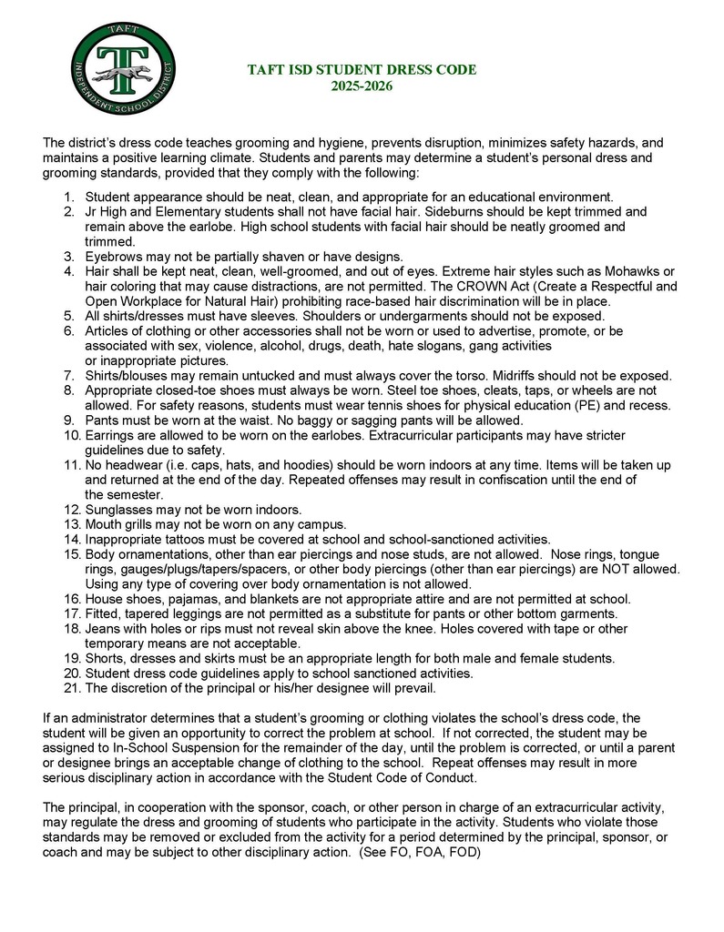25-26 Taft ISD Student Dress Code
