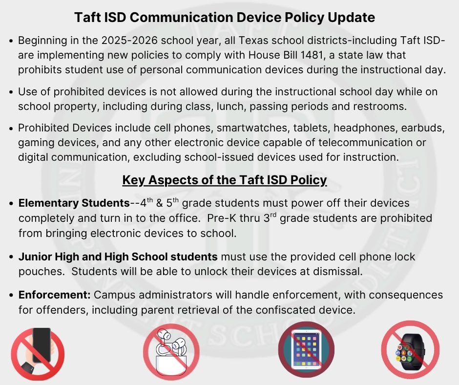 Taft ISD Communication Device Policy Update 2025-2026