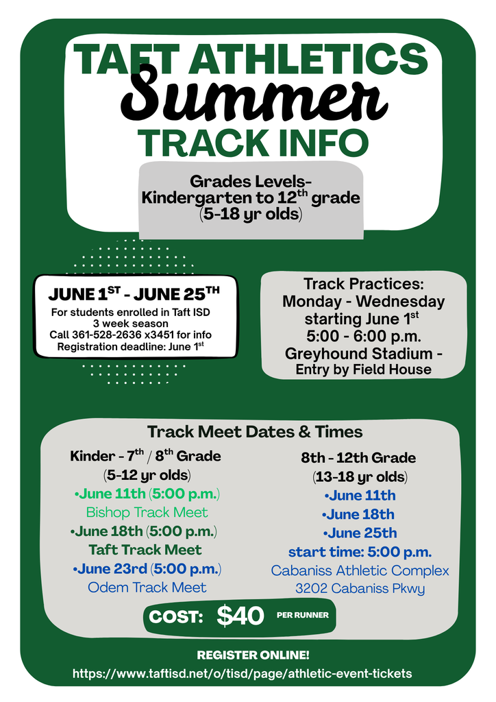 Summer track flyer with information about registration, practices and meet dates