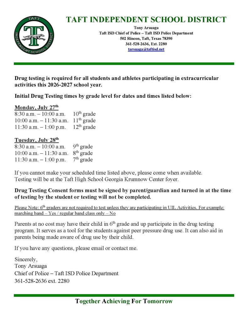 drug testing letterhead  with dates and times.