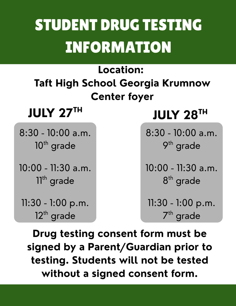 drug testing flyer with dates and times.