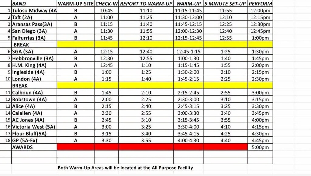 GP Tournament of Bands Schedule
