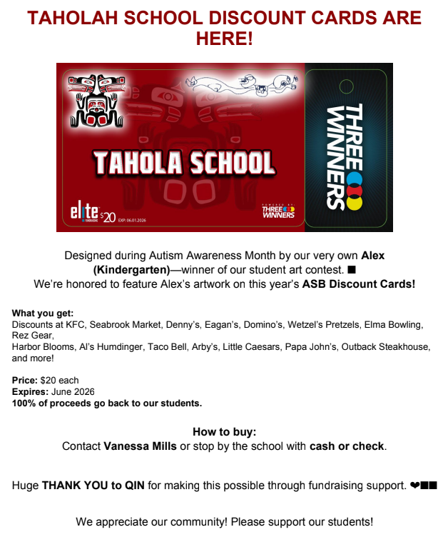 TAHOLAH DISCOUNT CARDS ARE IN! 