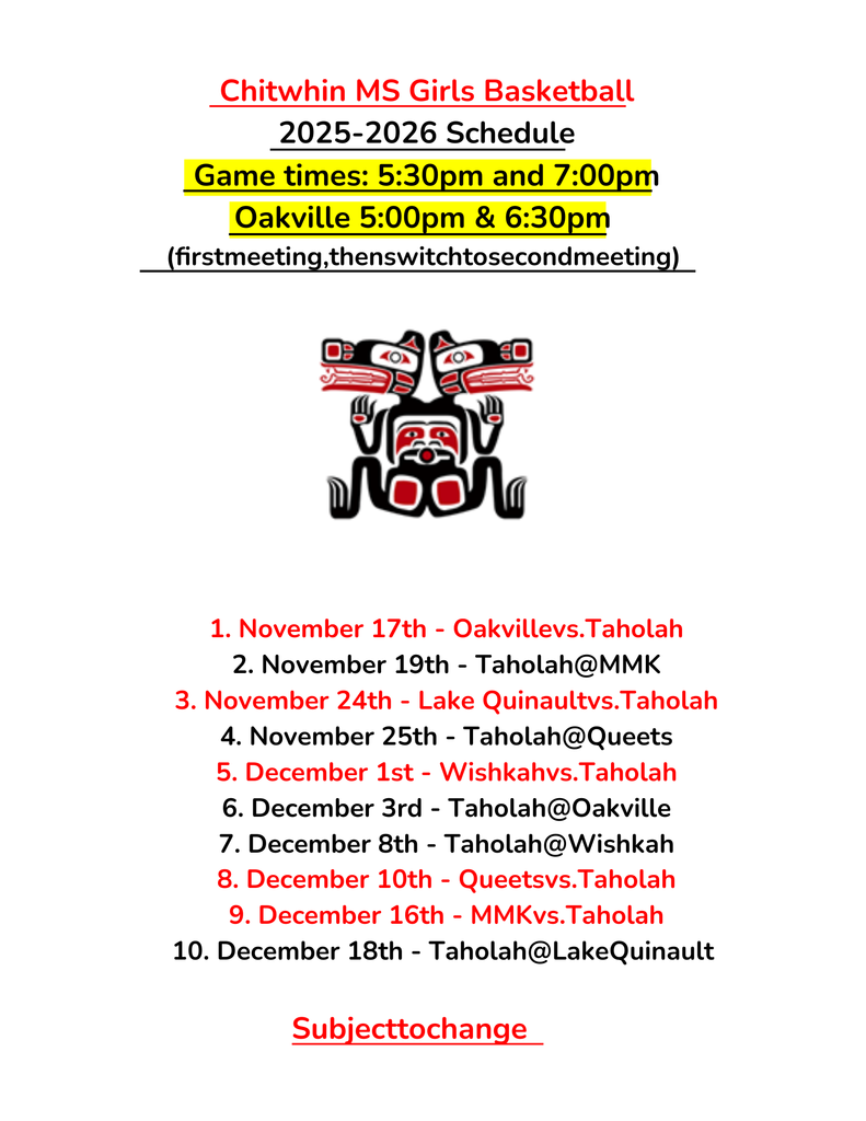 MS Lady Chitwhins Girls Basketball Schedule