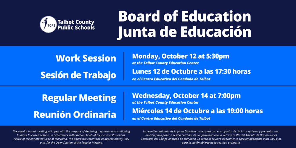 Board of Education Work Session 10/12 at 5:30pm, Regular Meeting 10/14 at 7:00pm