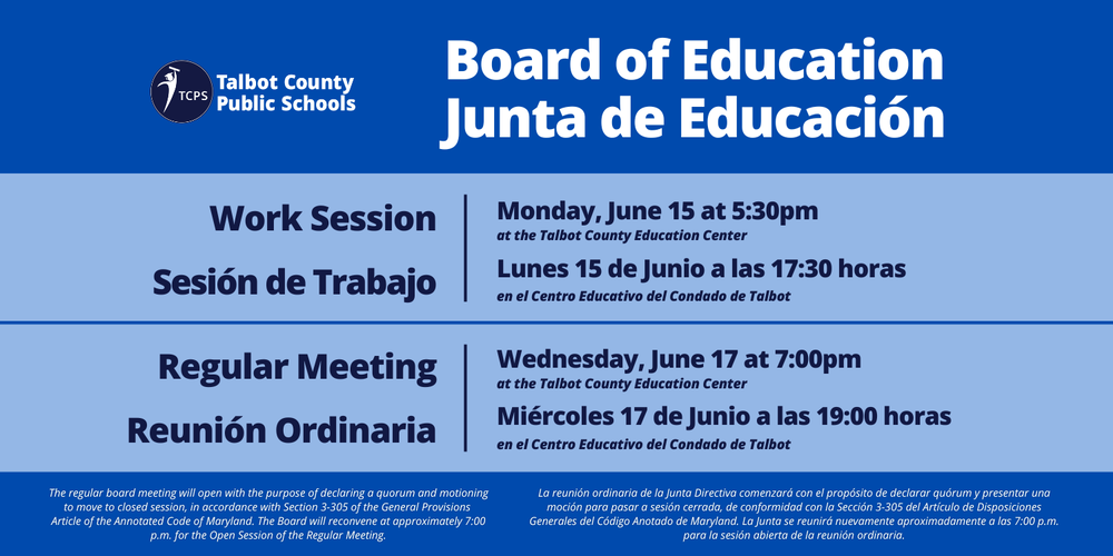 Board of Education Work Session June 15 at 5:30 p.m. and Regular Meeting June 17 at 7:00 p.m.