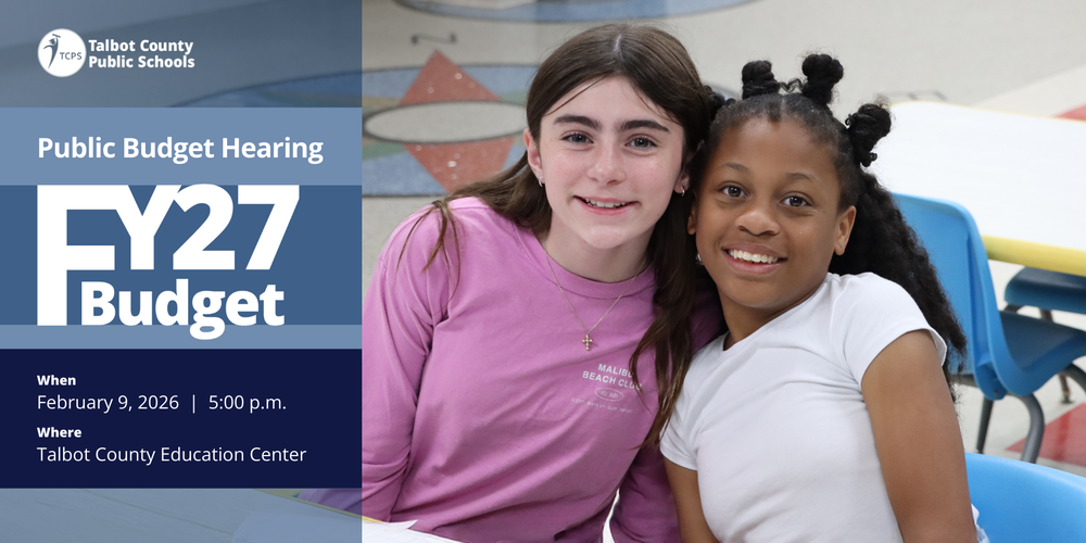 two smiling students with "Public Budget Hearing FY27 Budget" and the date, time, and location