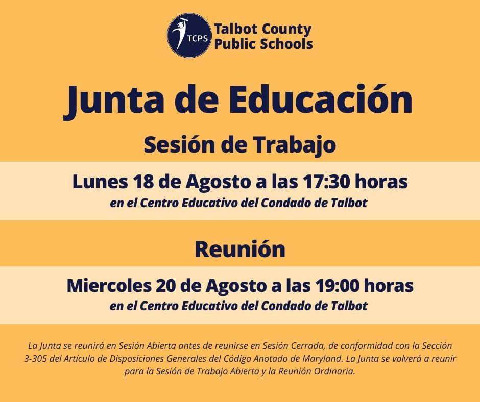 Board of Education Work session - Monday August 18 at 5:30 pm, Board of Education Meeting August 20 at 7:00 pm