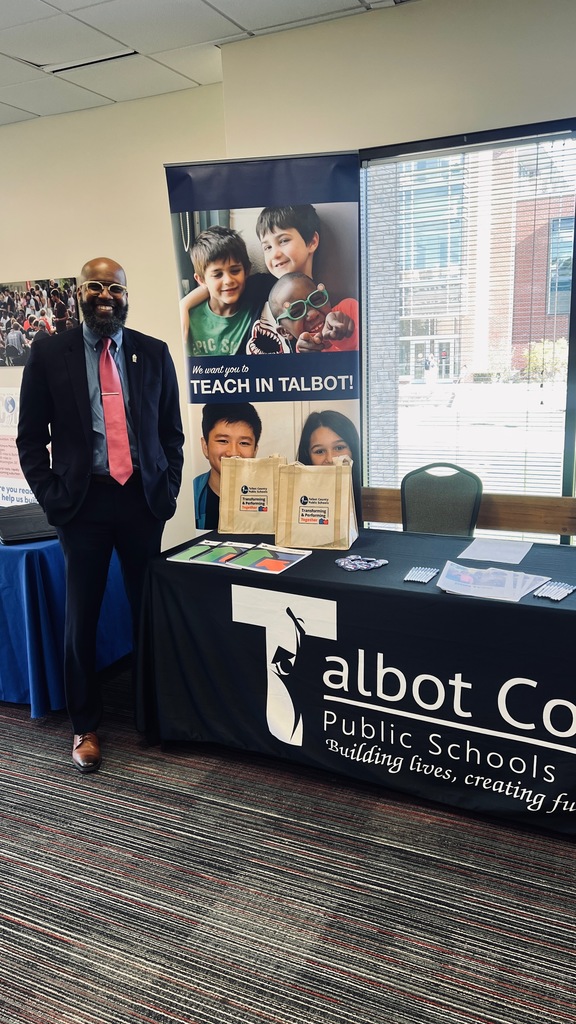African American male in jacket tie, Teach in Talbot Banner, Talbot Co. Public Schools Logo