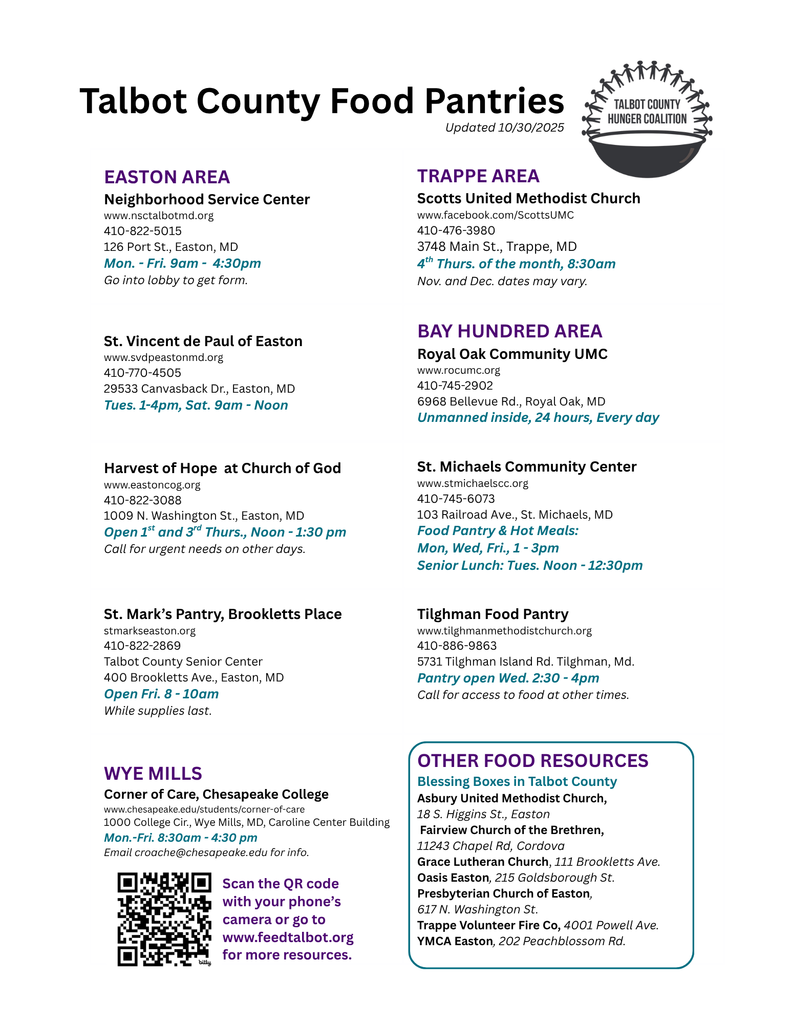 Updated information about Talbot County Food Pantries in English
