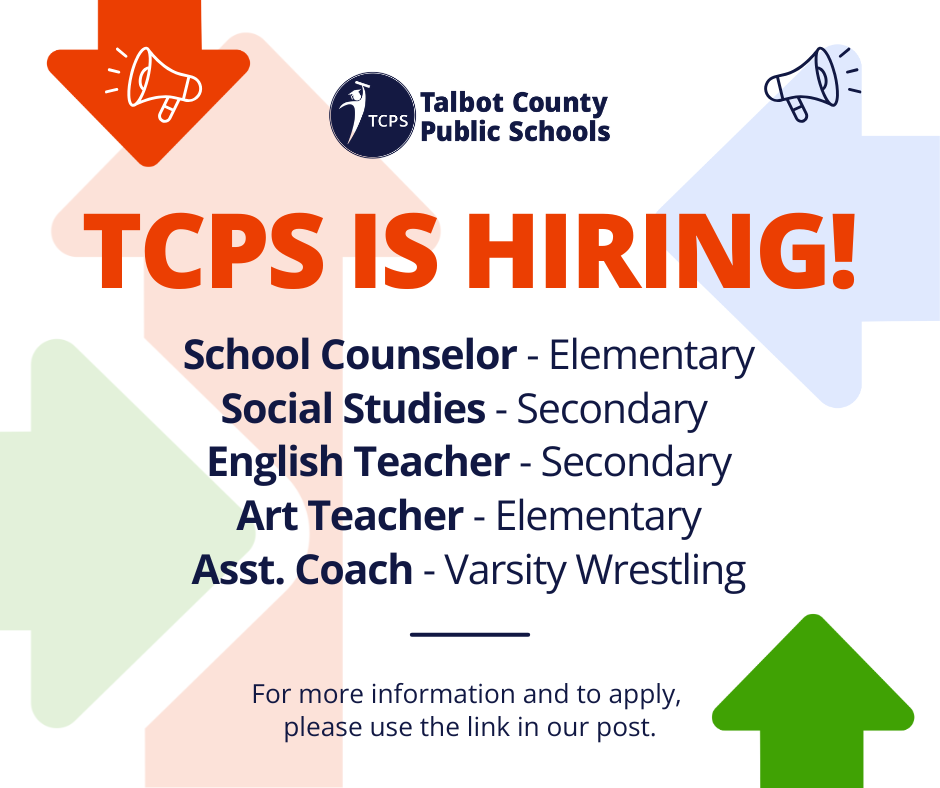 TCPS is hiring School Counselor - Elementary, Social Studies - Secondary, English Teacher - Secondary, Art Teacher - Elementary, Asst. Coach - Varsity Wrestling