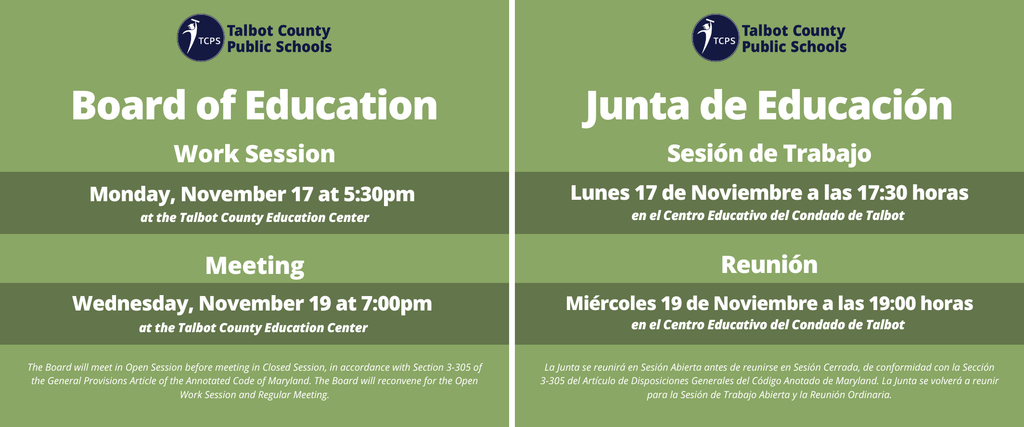 Board of Education Work session - Monday November 17 at 5:30 pm, Board of Education Meeting November 19 at 7:00 pm