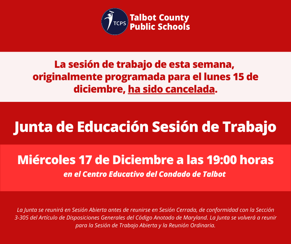 Board of Education Work session HAS BEEN CANCELLED this month, Board of Education Meeting December 17 at 7:00 pm