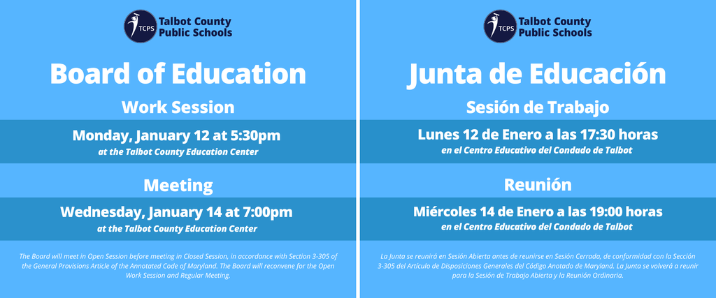 Board of Education Work session - Monday January 12 at 5:30 pm, Board of Education Meeting January 14 at 7:00 pm