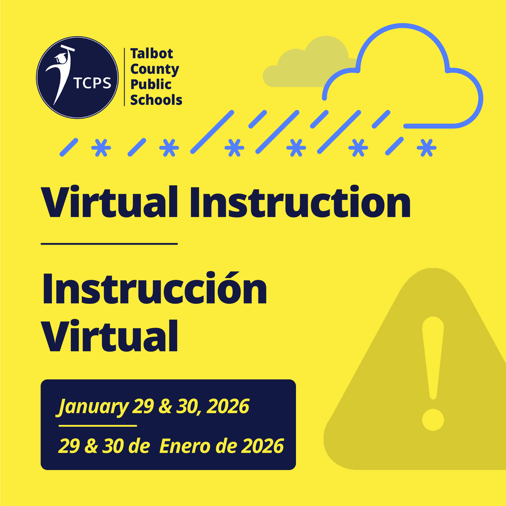 TCPS branded graphic with freezing rain and ice iconography and and exclamation point saying Virtual Instruction, January 29 and 30, 2026
