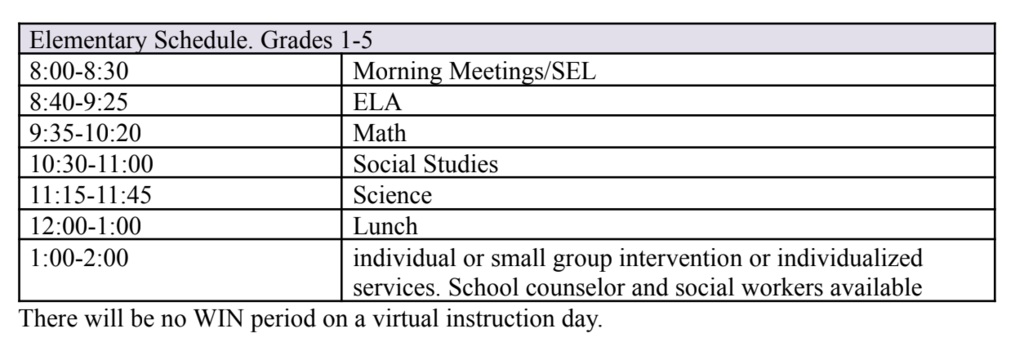 TCPS Elementary Virtual Instruction Schedule 