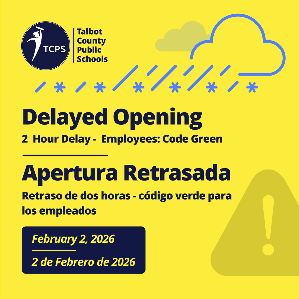 TCPS branded graphic with freezing rain iconography and and exclamation point saying Delayed Opening, February 2, 2026
